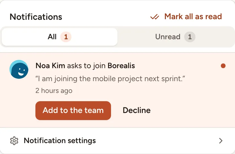 The bell of Camille Roux: Noa Kim asks to join Borealis, with the buttons Add to the team and Decline