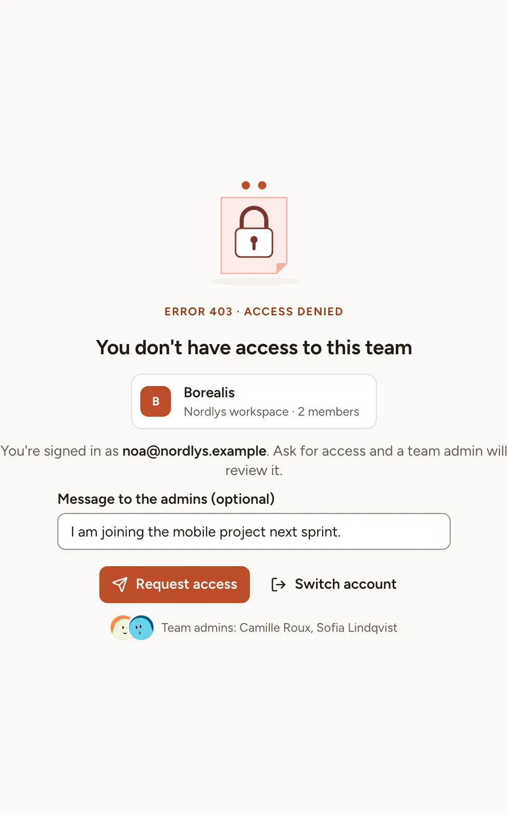 The page that refuses the Borealis team to Noa Kim, with a message to the admins and the Request access button