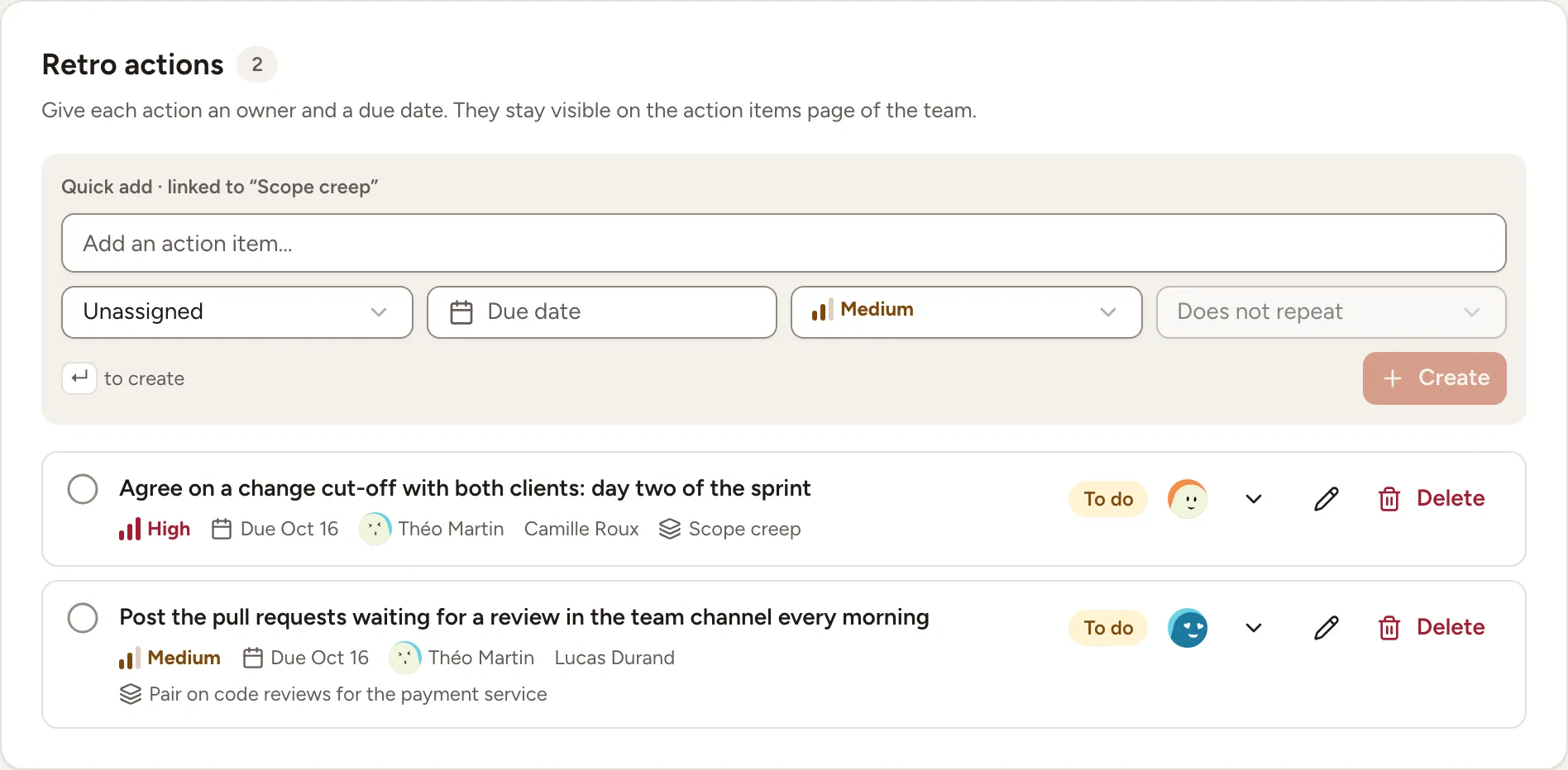 The Retro actions panel in the Actions phase: the quick-add form linked to the topic in focus, and two action items with their priority, due date and owner