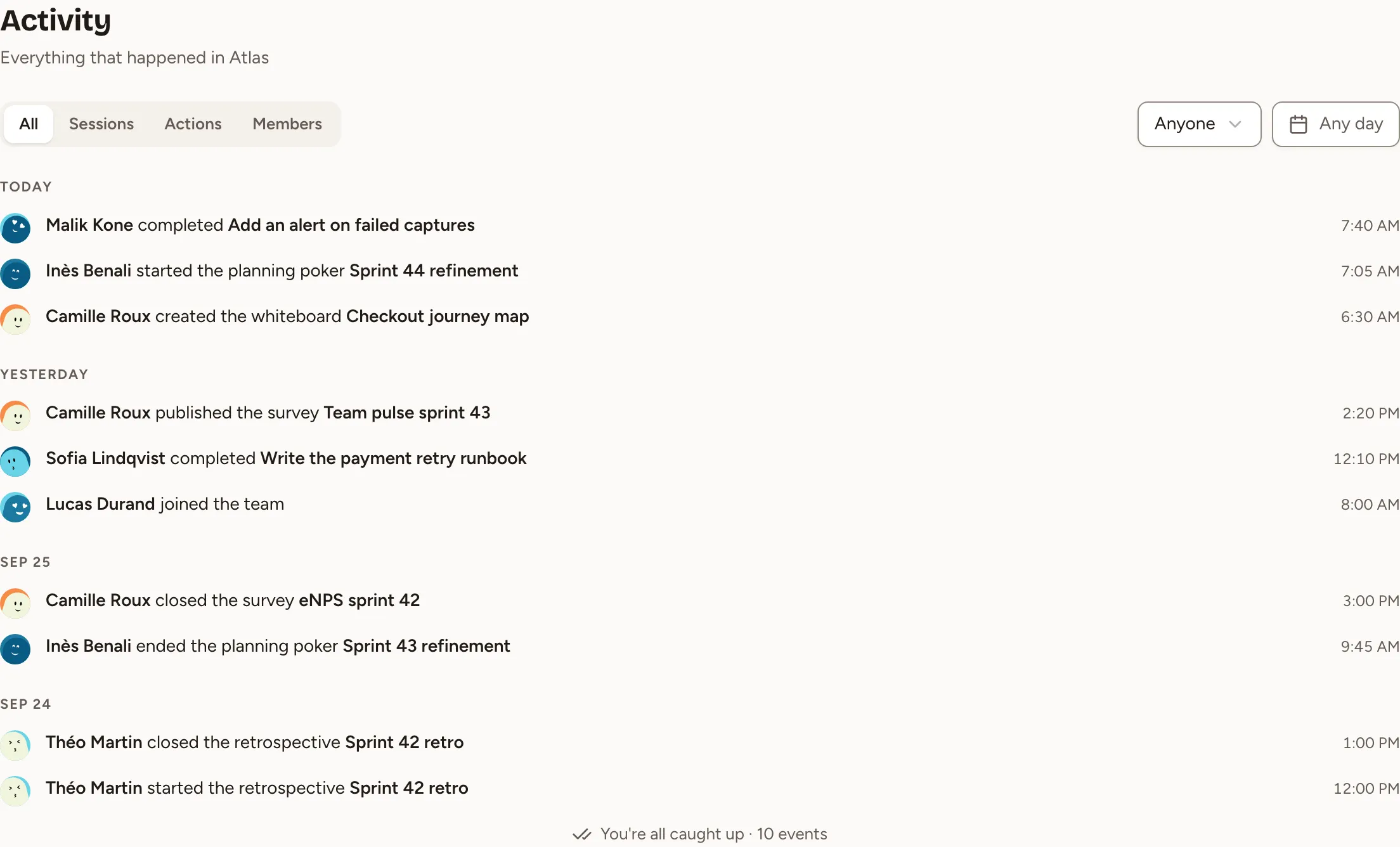 The Activity page of the Atlas team: the filters All, Sessions, Actions and Members, a member and a day filter, and ten lines grouped under Today, Yesterday and two dates