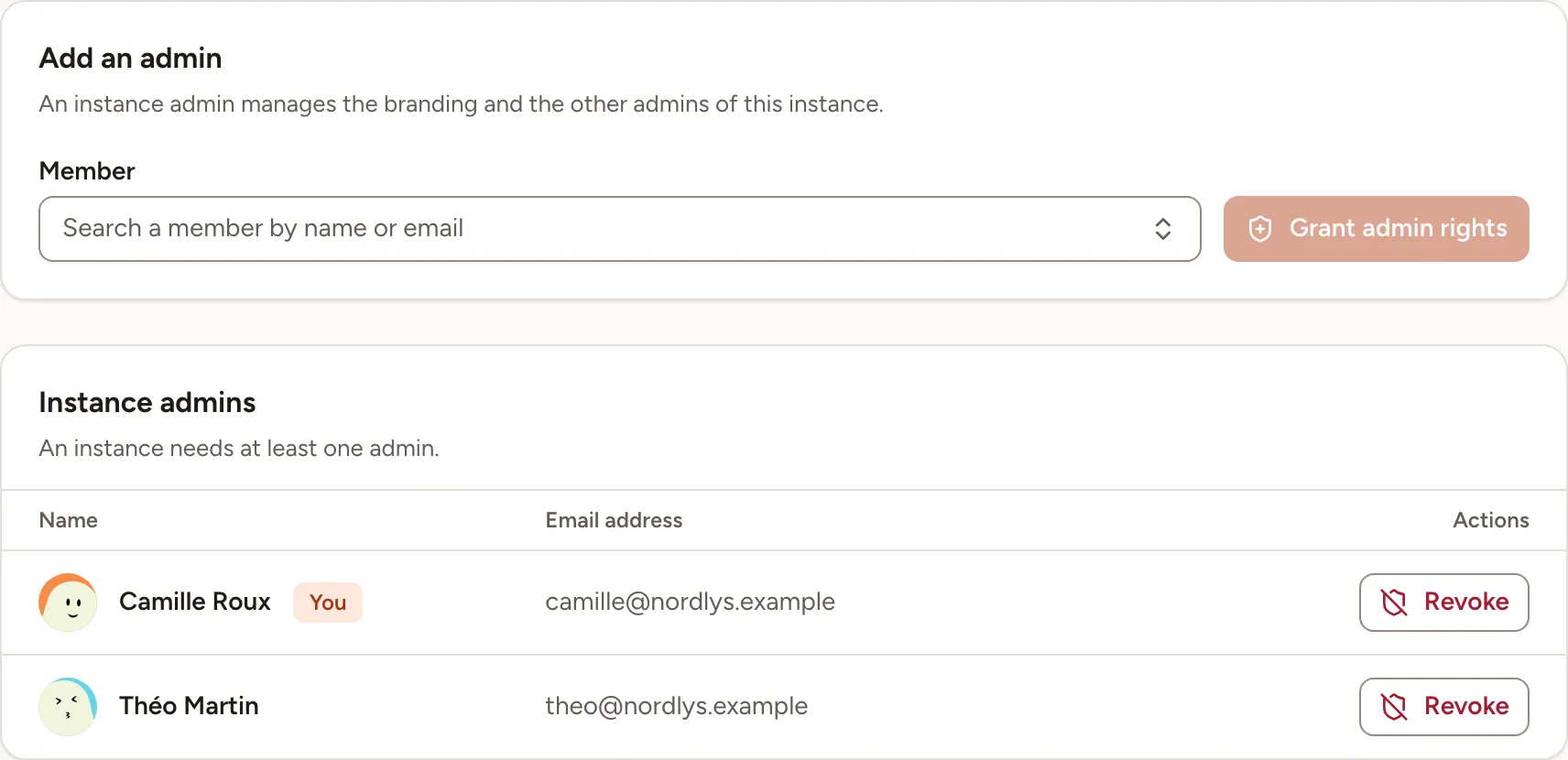 The Admins section: the form that adds an admin, and the two instance admins