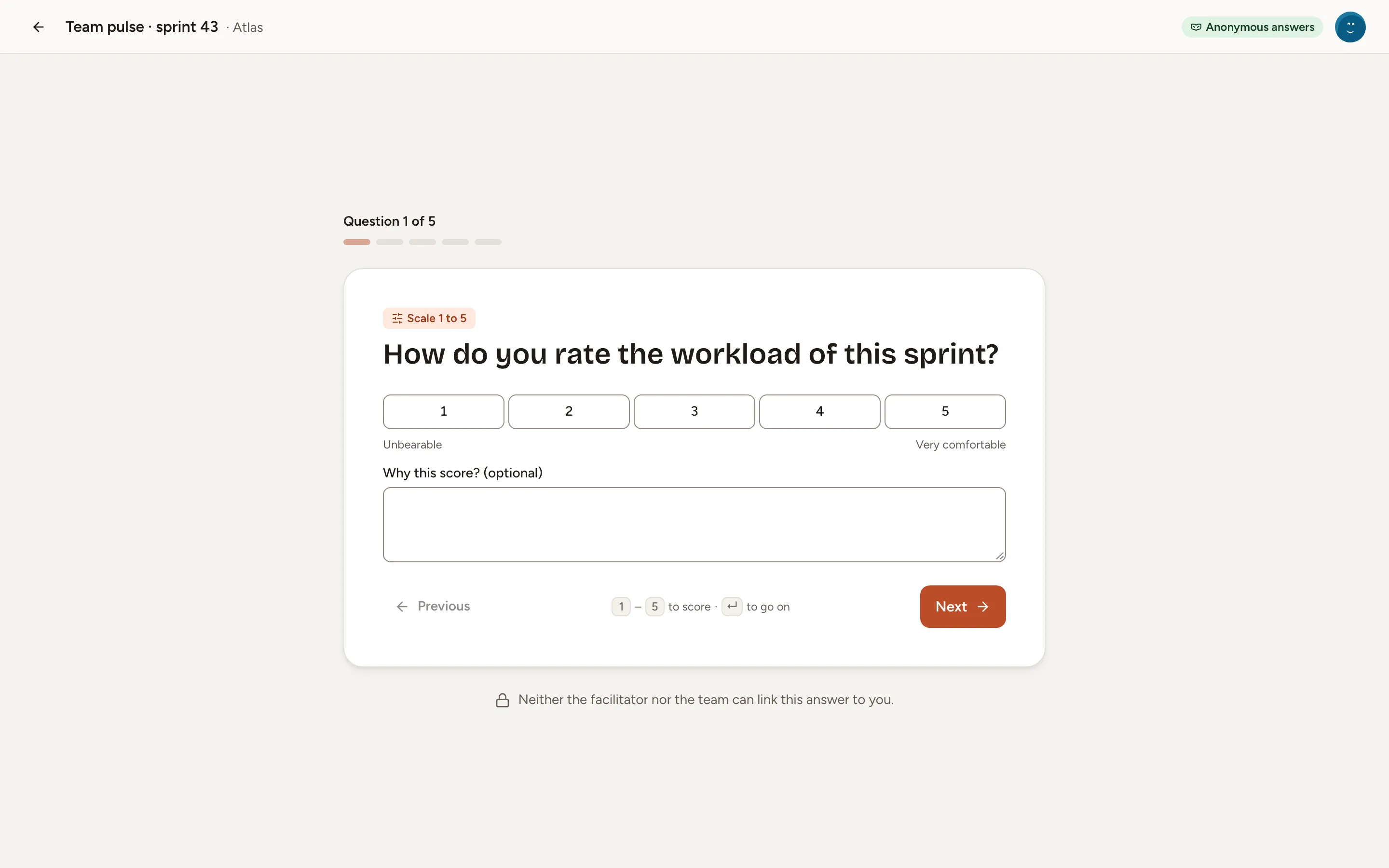 The first question of an open Team pulse, a scale from 1 to 5 with an optional comment, under the Anonymous answers badge