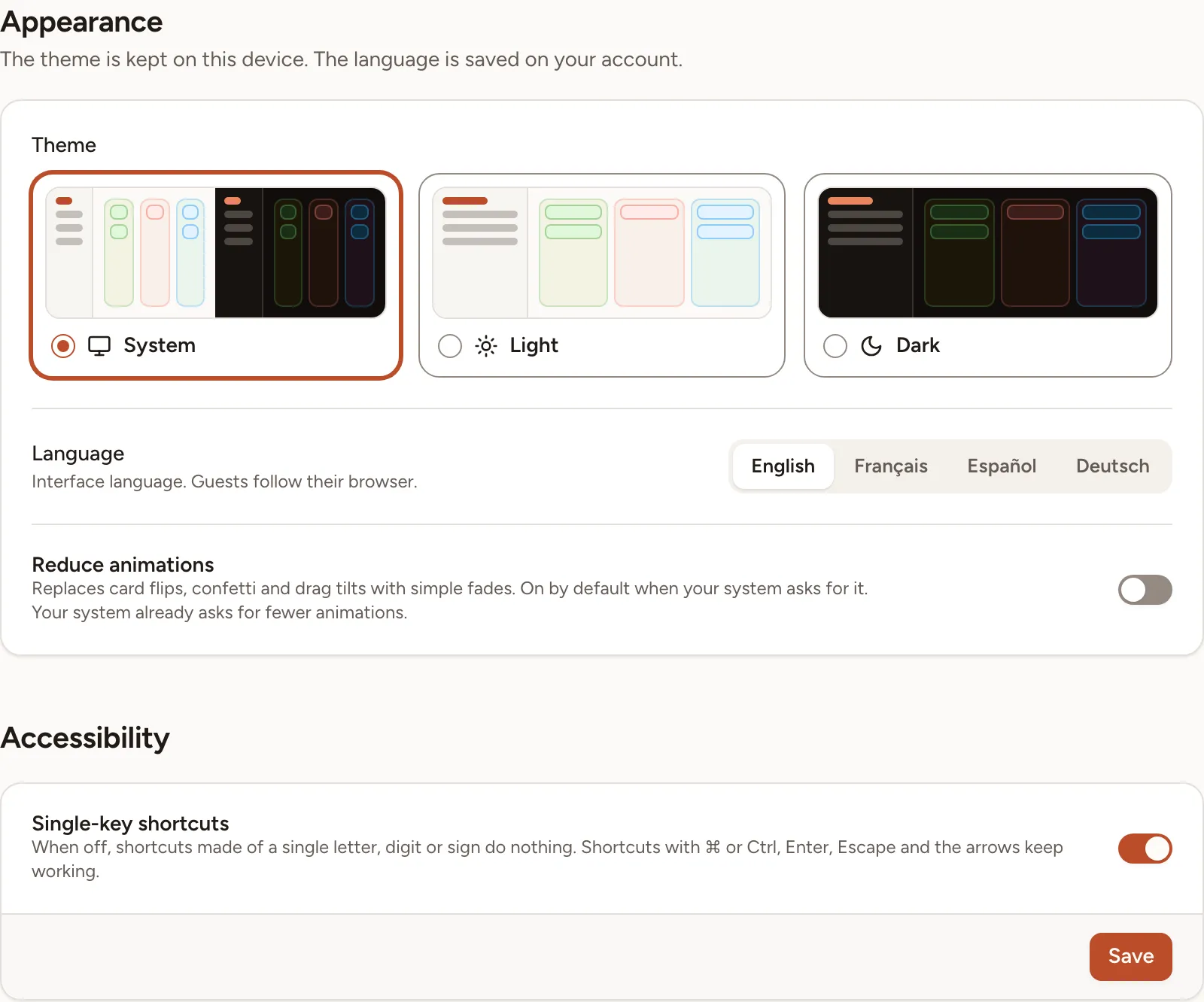 The Appearance card with the theme, the language and Reduce animations, and the Accessibility card with Single-key shortcuts