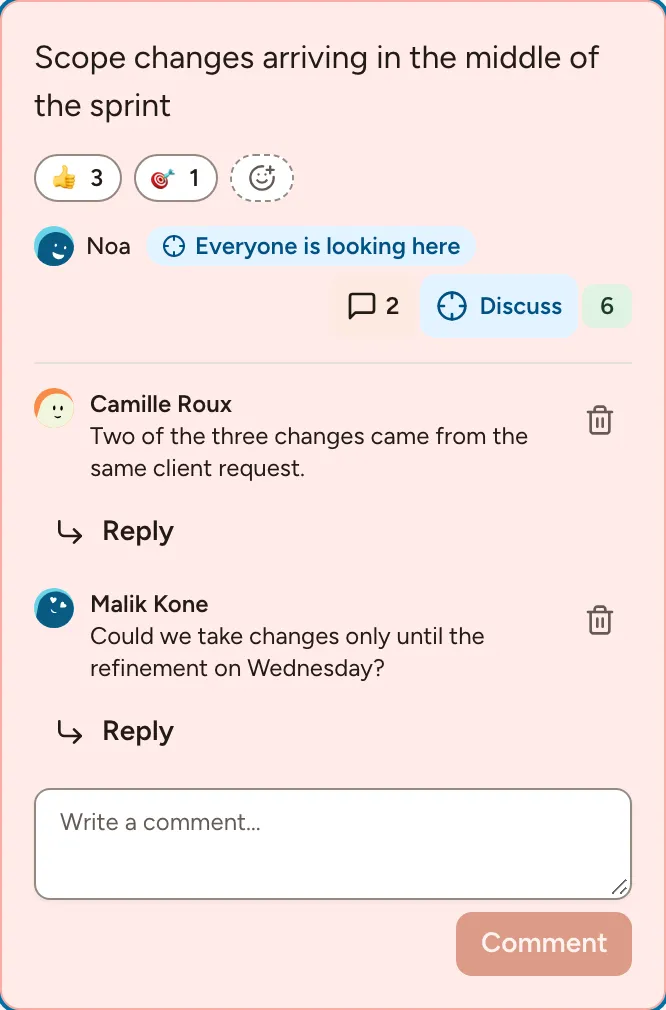 A card in focus with its reactions and two comments open under it