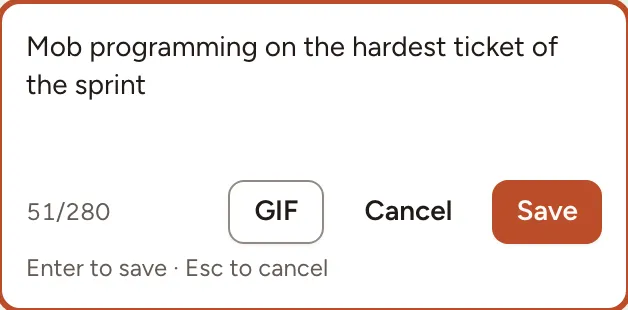 A card being written, with its character count and the GIF, Cancel and Save buttons