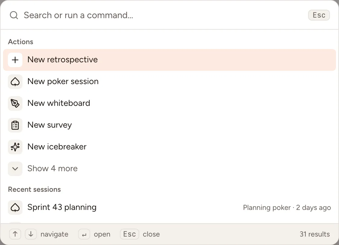 The command palette with the Actions group and the Recent sessions group