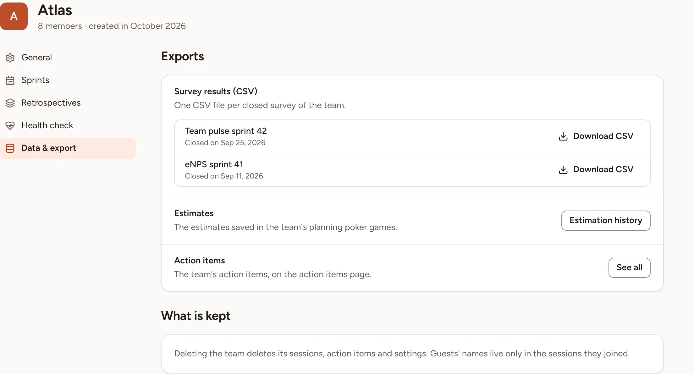 The Data & export page of the Atlas team settings: two closed surveys with Download CSV, the link to the estimation history, the link to the action items, and the What is kept card