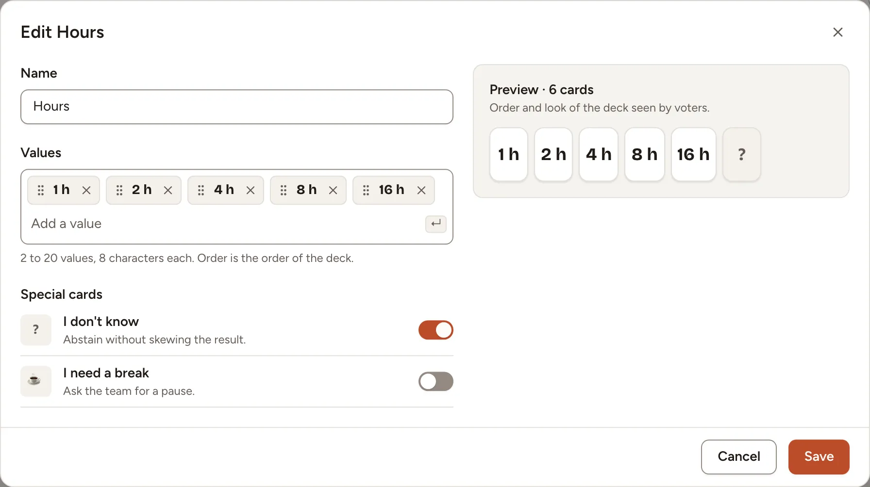 The deck editor: a name, five values, the two special cards and a preview of the deck