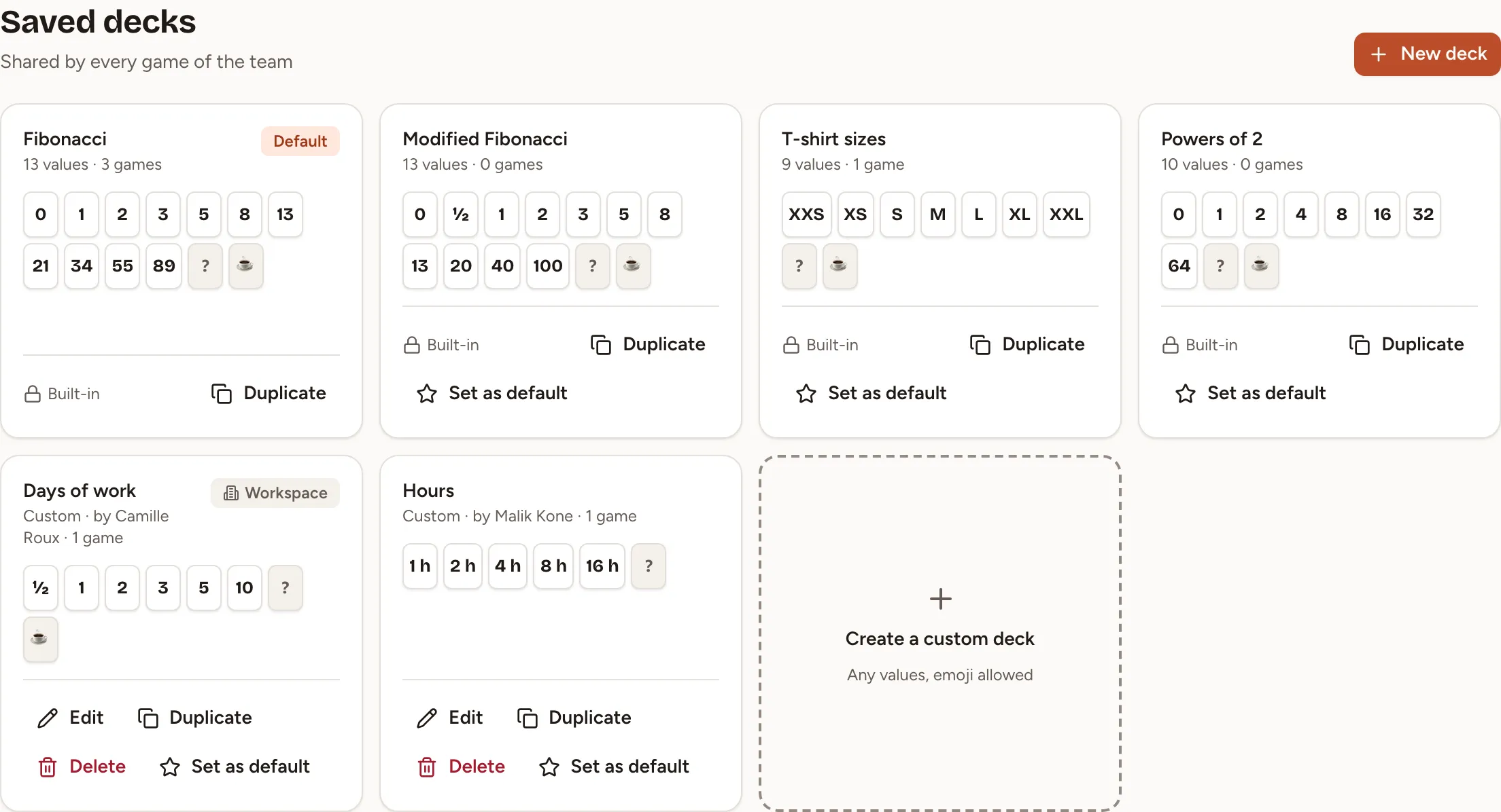 The saved decks of a team: the four built-in decks, a deck of the workspace and a deck of the team