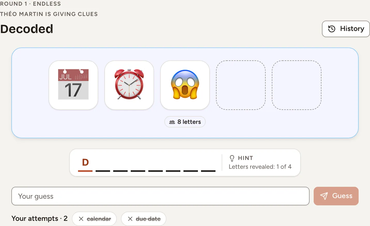 A round of Decoded as a guesser sees it: a clue of three emoji for a word of eight letters, one letter revealed, the guess field and two wrong attempts