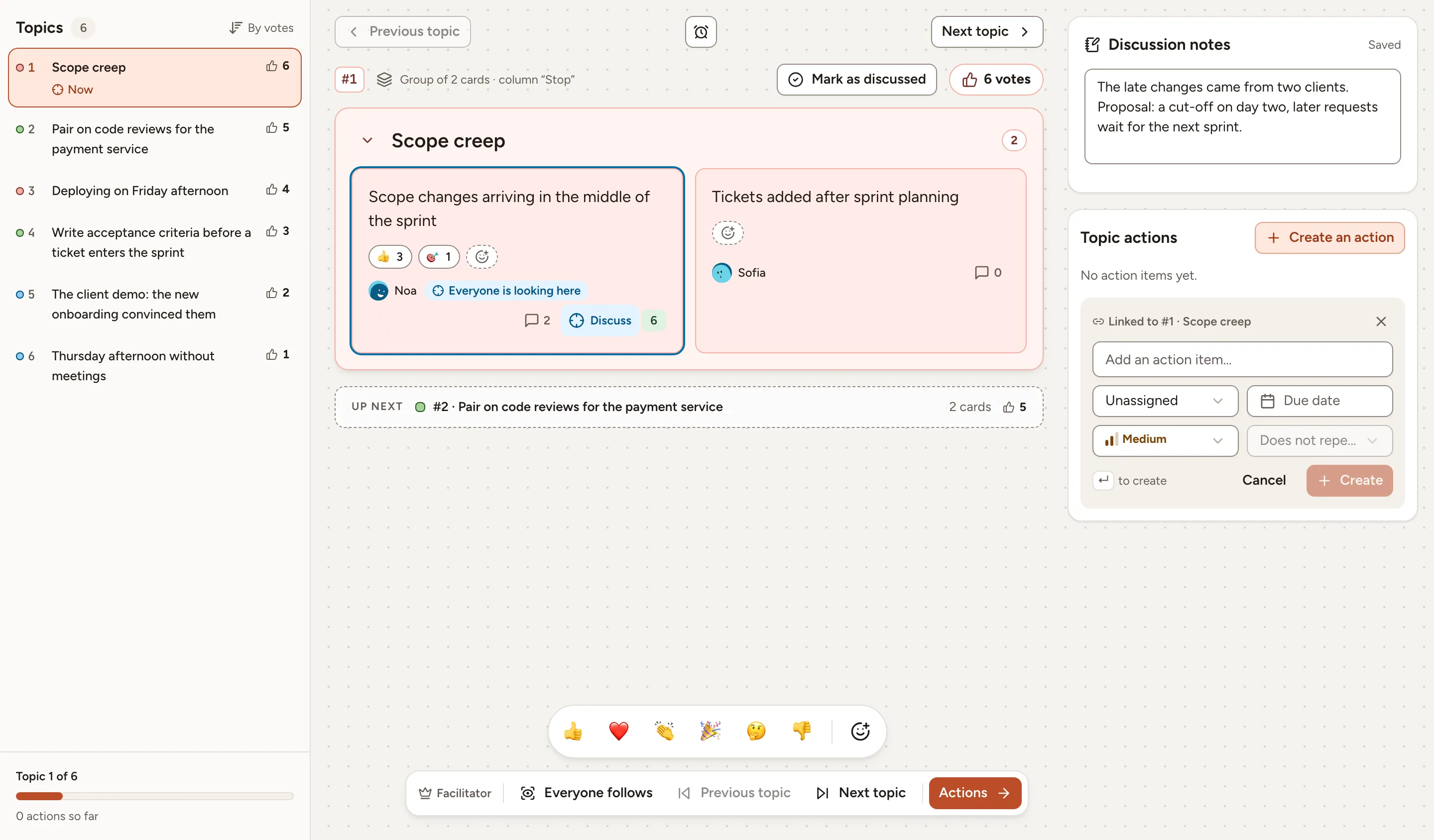 The Discussing phase as the facilitator sees it: the topics by votes on the left, the topic in focus in the middle, the notes and the topic’s actions on the right