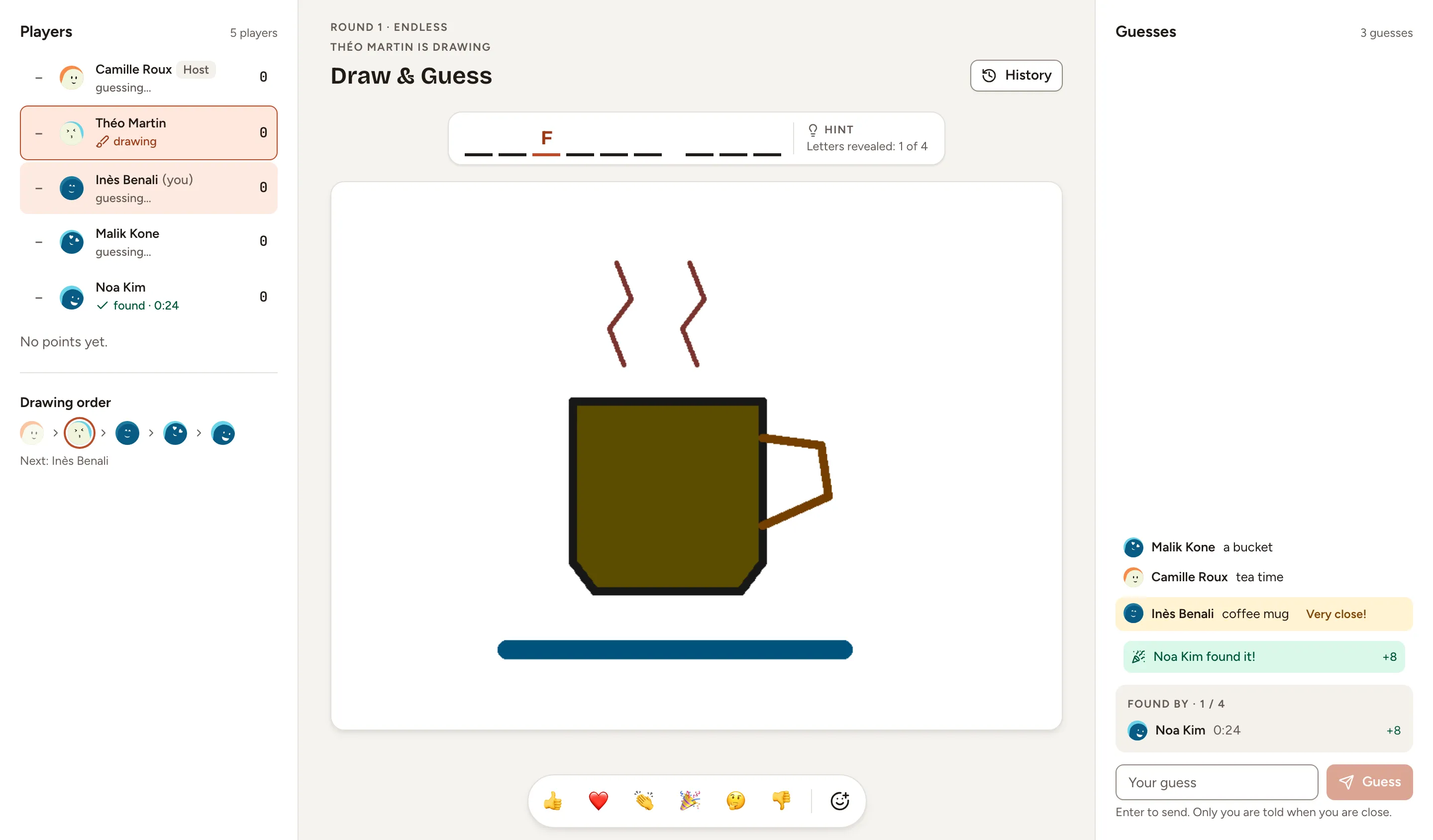 A round of Draw & Guess as a guesser sees it: the players and who is drawing, the drawing of a cup under the hidden word, and the guesses with one marked very close