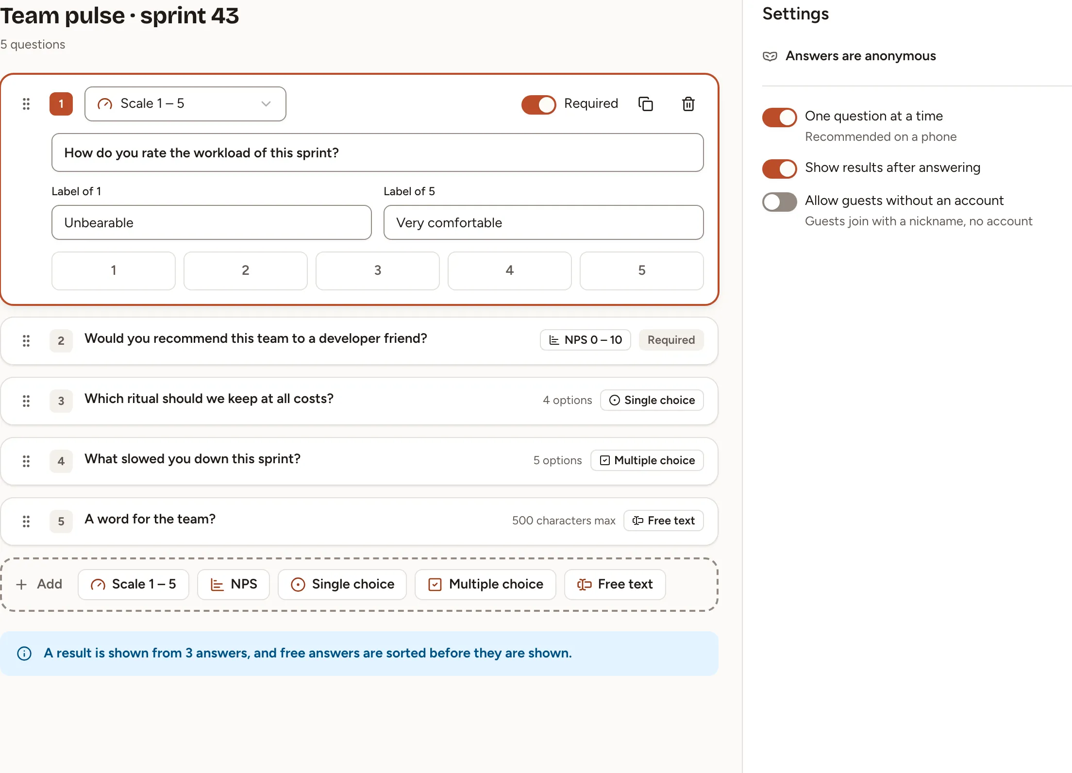 The builder of a Team pulse draft: the first question open with the labels of its scale, four more questions, the Add bar and the settings