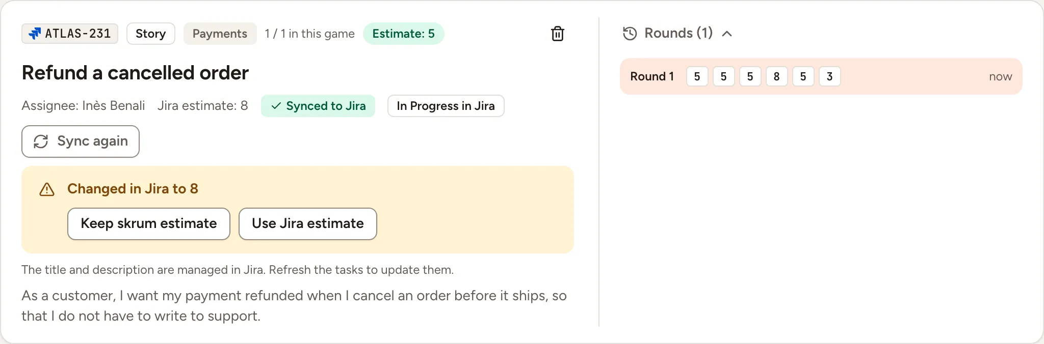 An imported task whose estimate is 5 in the game and was changed to 8 in Jira, with the two buttons that settle it