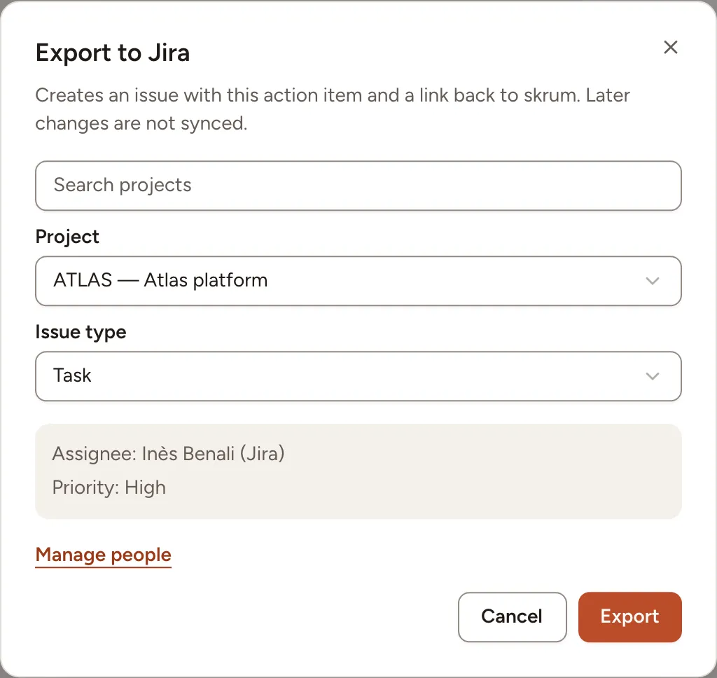 The dialog that exports an item to Jira: the project, the issue type, then the assignee and the priority the issue will get