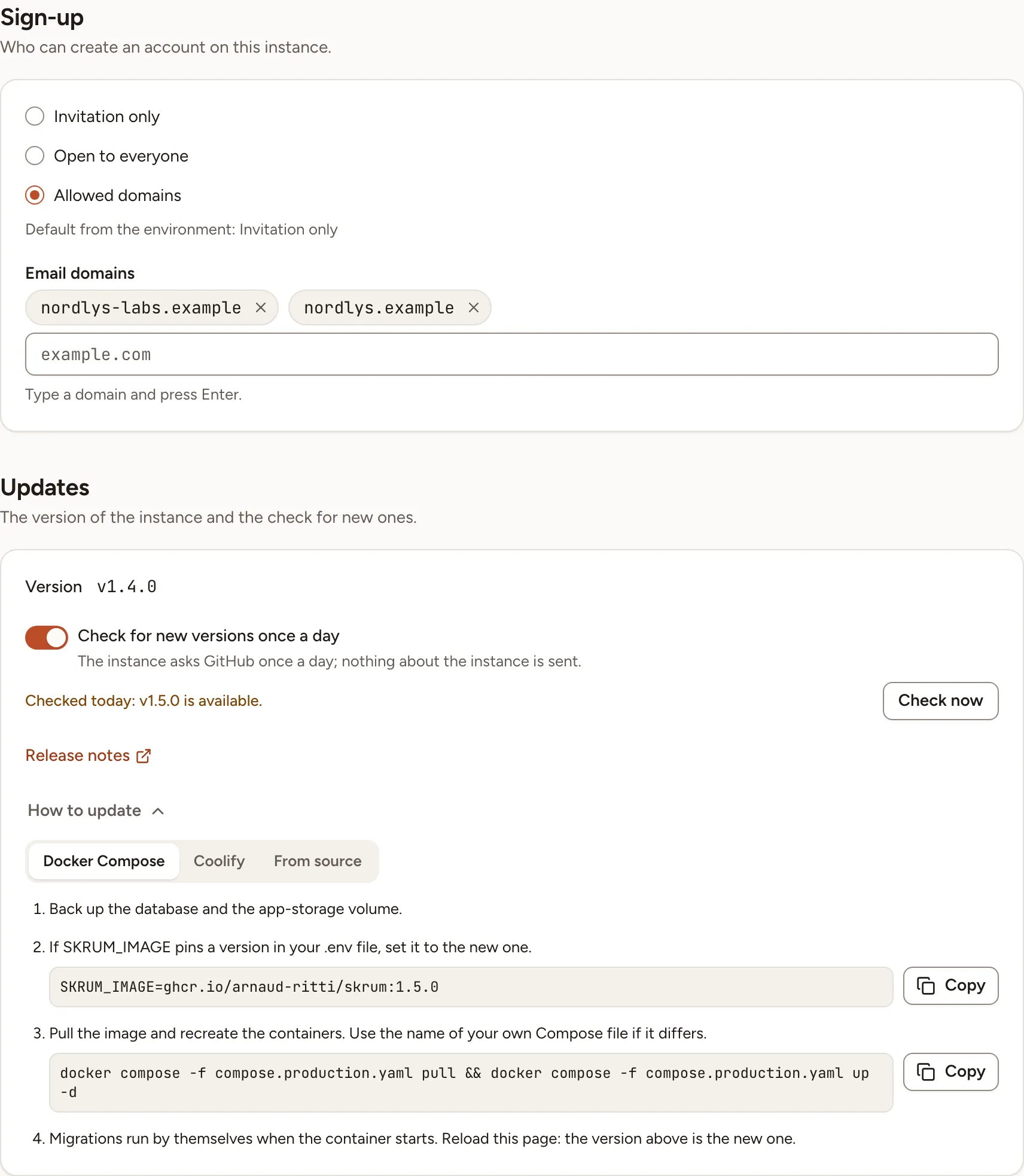 The General section: sign-up limited to two email domains, a maintenance message and the update check