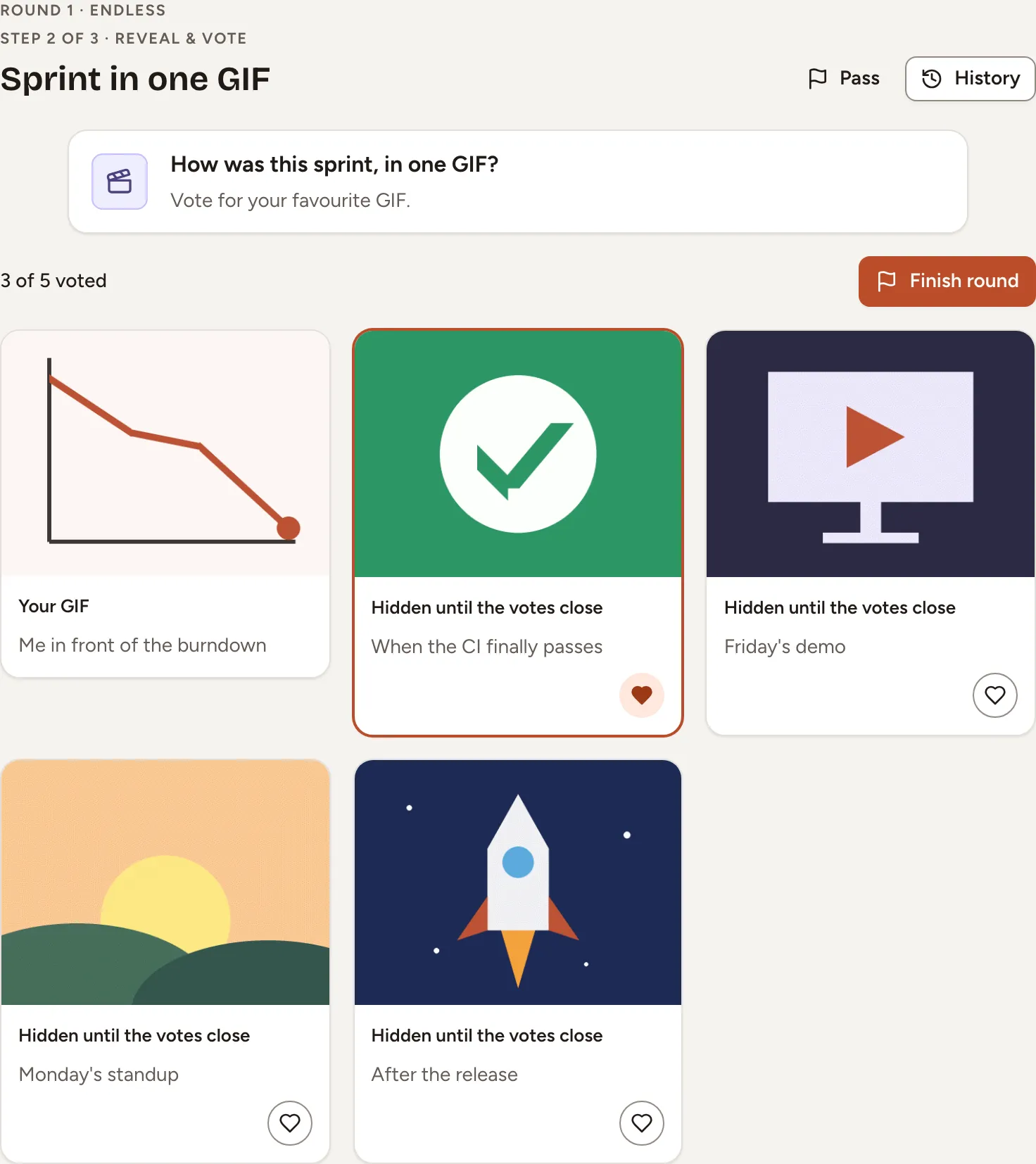 The vote of Sprint in one GIF: the question, three of five players have voted, five GIFs with their captions and a heart to vote, the authors hidden