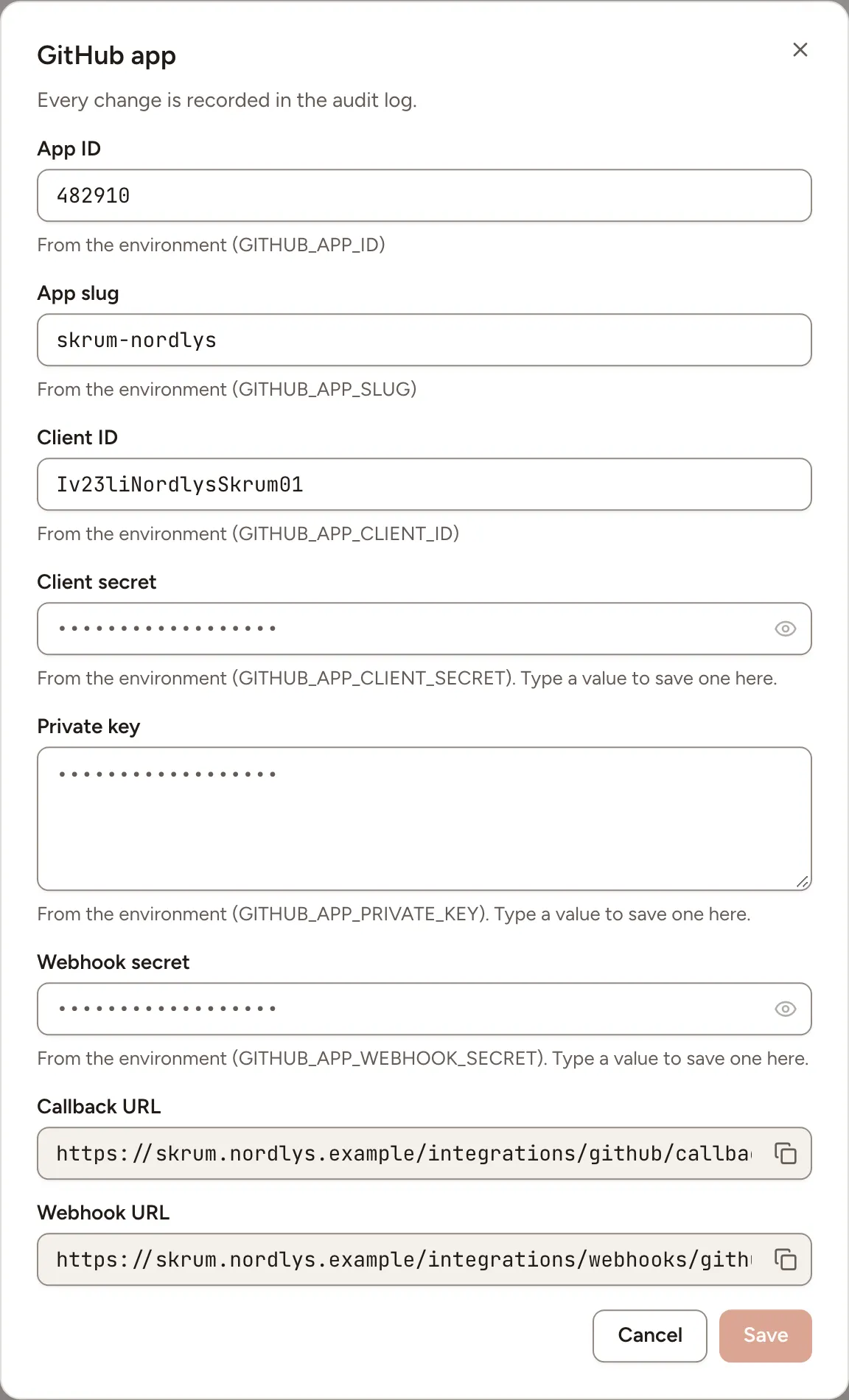 The GitHub app dialog: the app ID, the slug, the client ID and secret, the private key and the webhook secret, then the callback URL and the webhook URL to copy