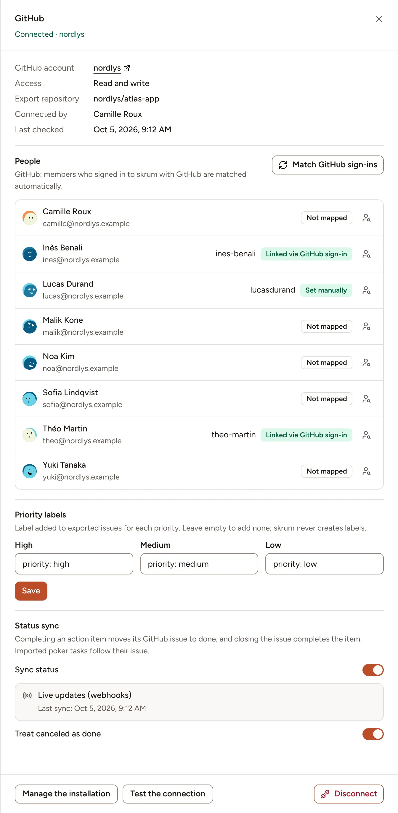 The GitHub panel of a connected team: the account, its access and export repository, the people and their GitHub accounts, the priority labels, and the status sync with live updates