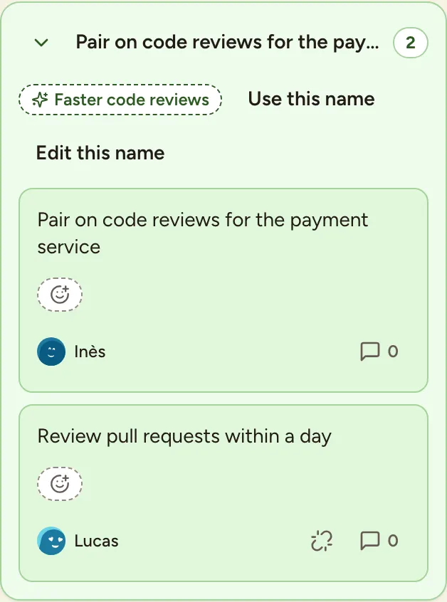 A group with a name suggested by the language model and the buttons to use it or edit it