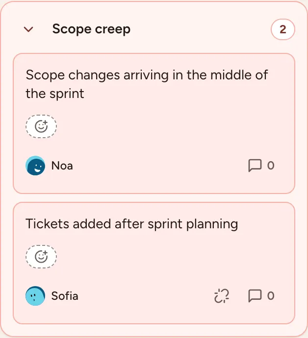 A group named “Scope creep” with its two cards and their authors