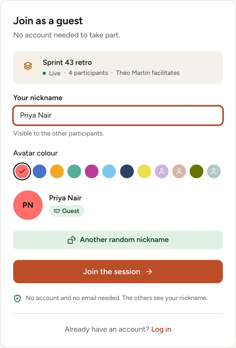 The Join as a guest page of the Sprint 43 retro, with a nickname typed, an avatar colour picked and three colours already taken