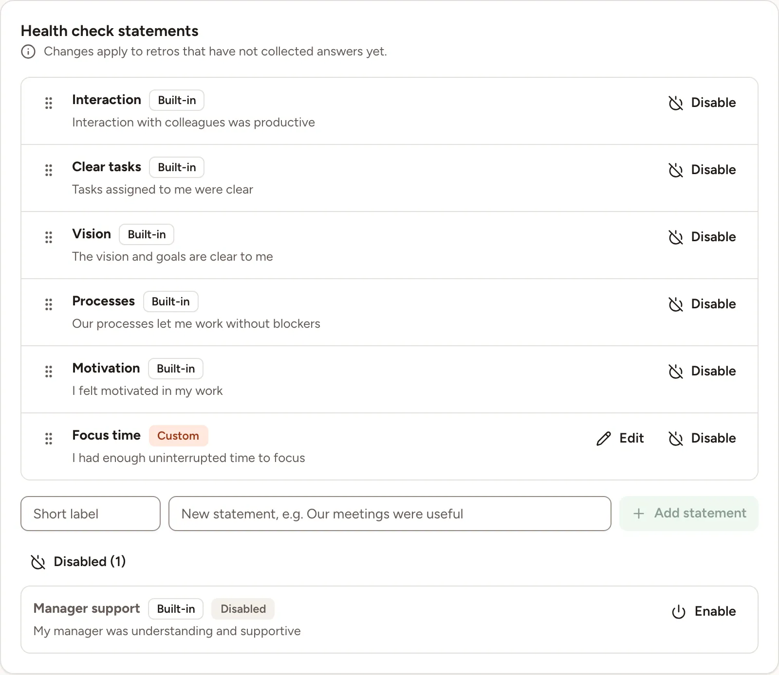 The Health check statements card: five built-in statements and a custom one, Focus time, each with Disable, the fields to add a statement, and Manager support under Disabled with Enable