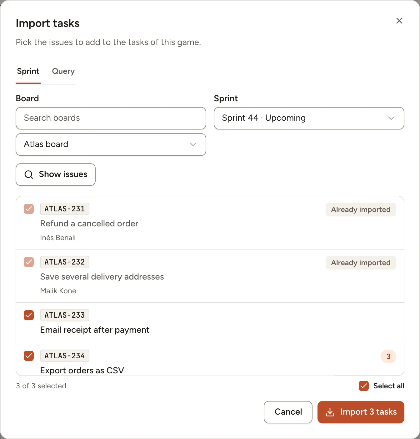 The import dialog on a Jira sprint: five issues, two of them already imported