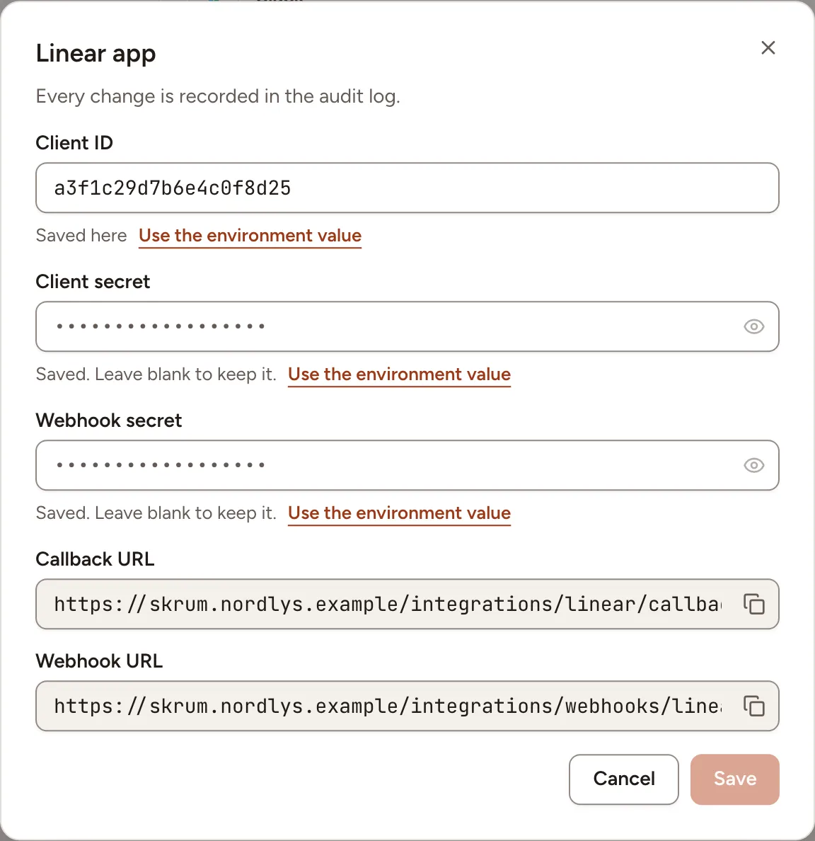 The Linear app dialog: client ID, two secrets, and the callback and webhook addresses to copy