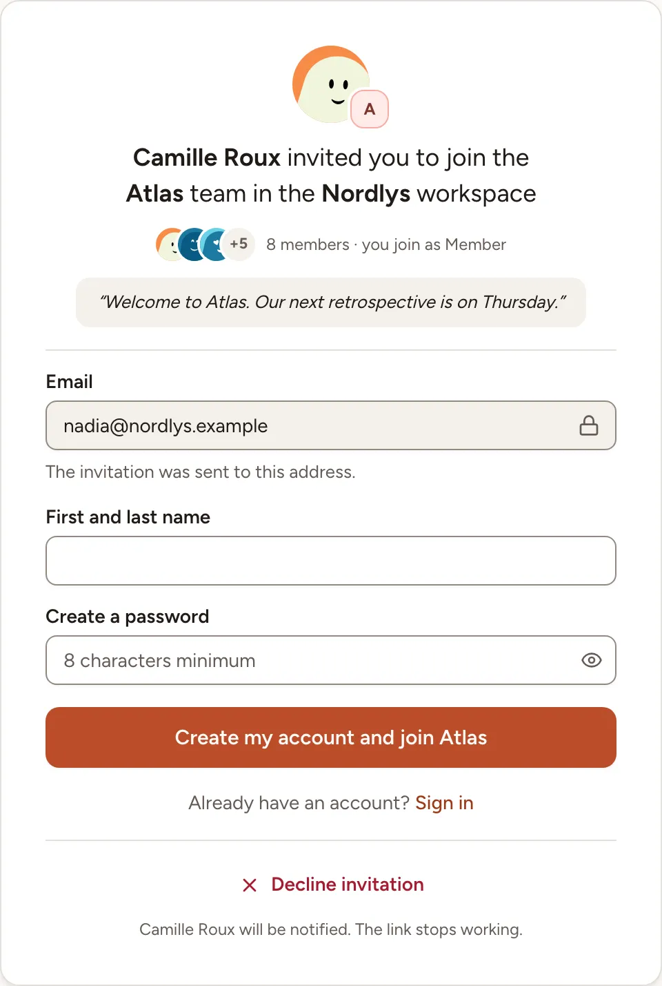 The invitation as Nadia sees it: Camille Roux invites her to the Atlas team of the Nordlys workspace, with a form to create her account