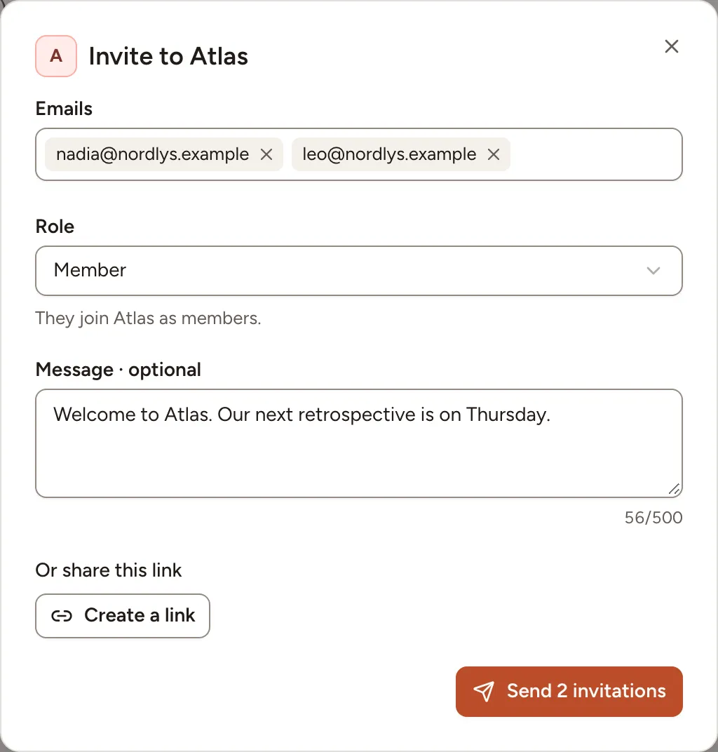 The Invite to Atlas dialog with two addresses, the Member role and a welcome message