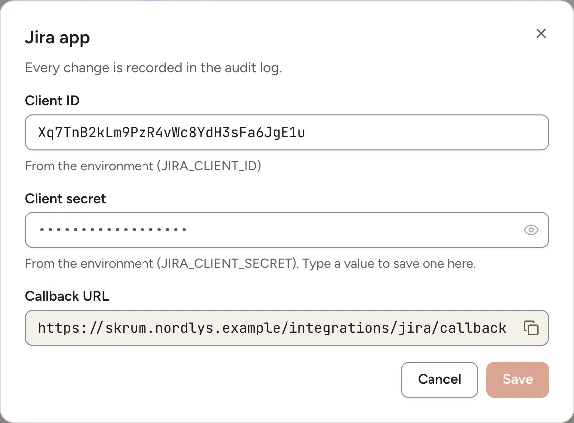 The Jira app dialog: the client ID and the client secret, both read from the environment, and the callback URL to copy