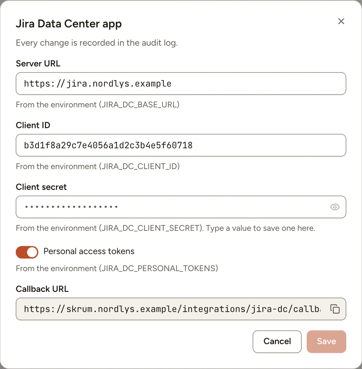 The Jira Data Center app dialog: the server URL, the client ID and secret of the incoming link, the switch for personal access tokens and the callback URL