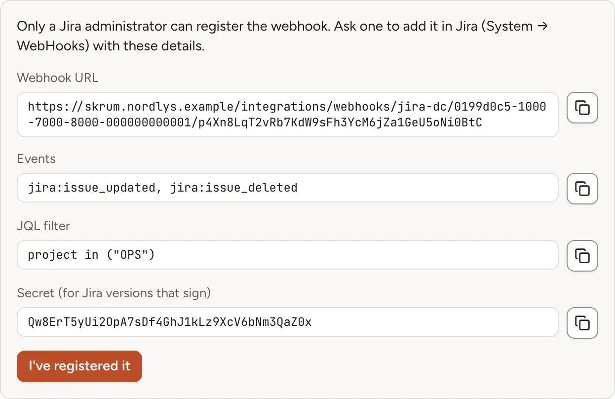 The webhook details of a Jira Data Center connection: the webhook URL, the two events, the JQL filter, the secret and the button I’ve registered it