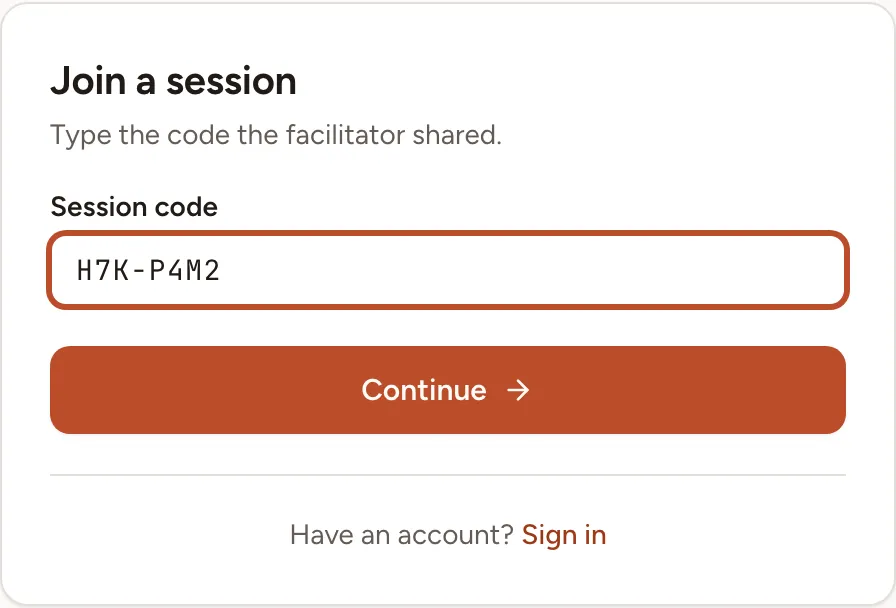 The Join a session page with the code H7K-P4M2 typed in the Session code field