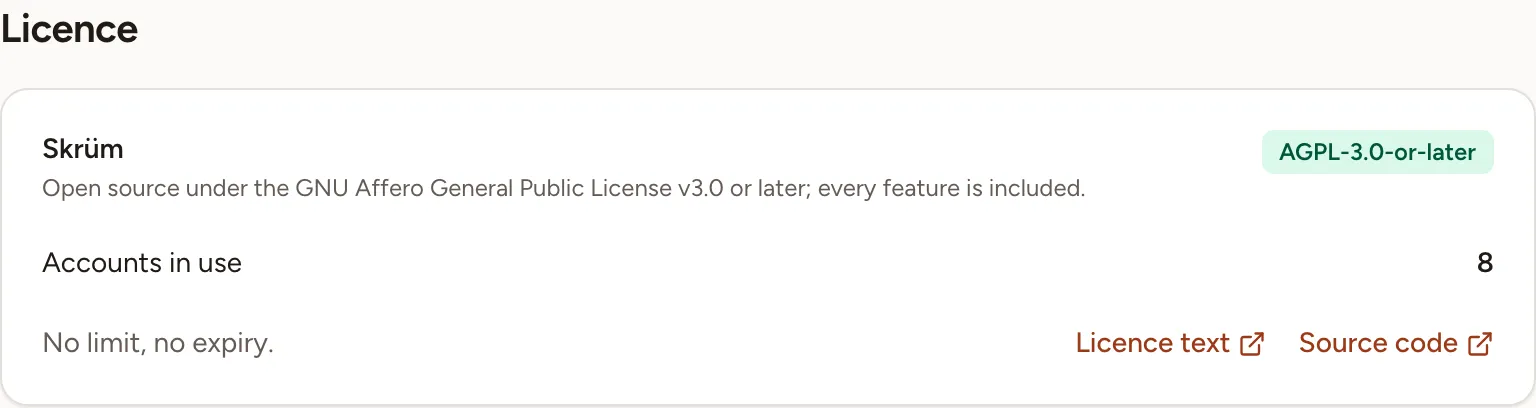 The Licence section: the AGPL-3.0-or-later badge, eight accounts in use, and links to the licence text and the source code