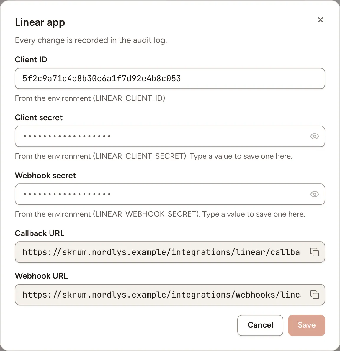 The Linear app dialog: the client ID, the client secret and the webhook secret, then the callback URL and the webhook URL to copy