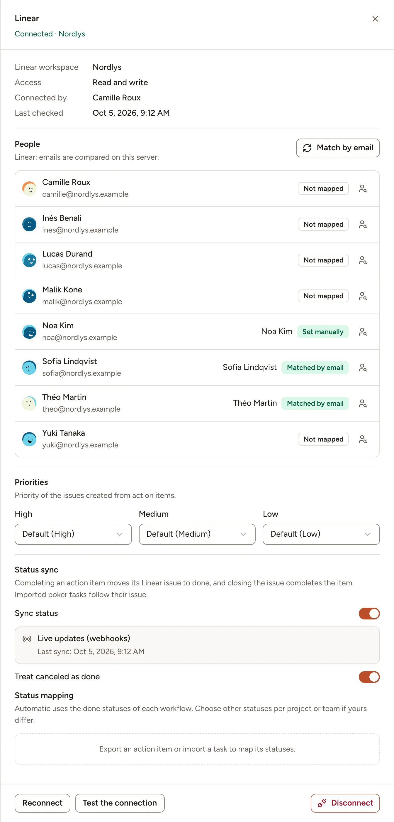 The Linear panel of a connected team: the workspace and its access, the people and their Linear accounts, the priorities, and the status sync with live updates
