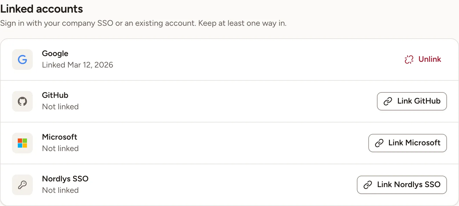 The Linked accounts card with Google linked and GitHub, Microsoft and the company single sign-on not linked
