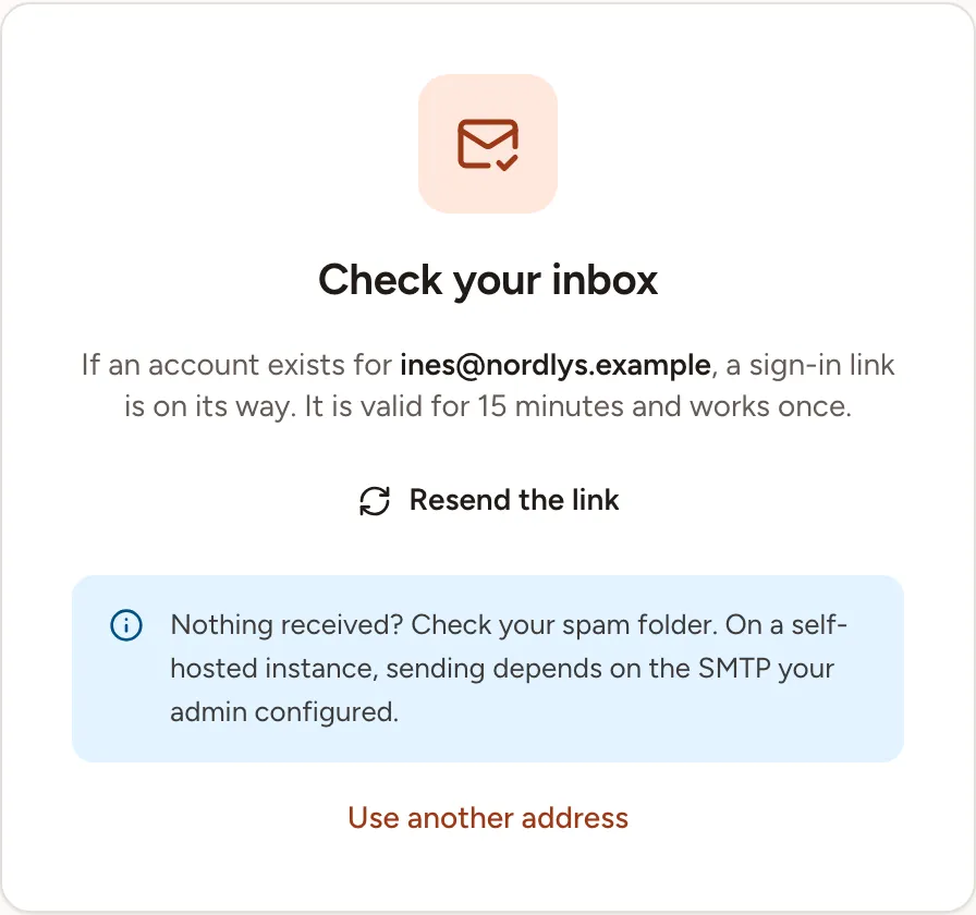 The Check your inbox card shown after a magic link was asked for, with the Resend the link button