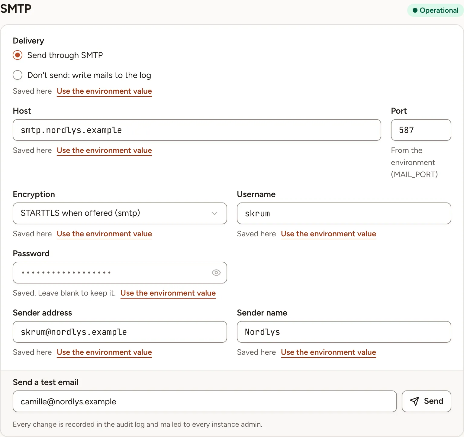 The SMTP section with a server saved in Administration, a port coming from the environment, and the test email form