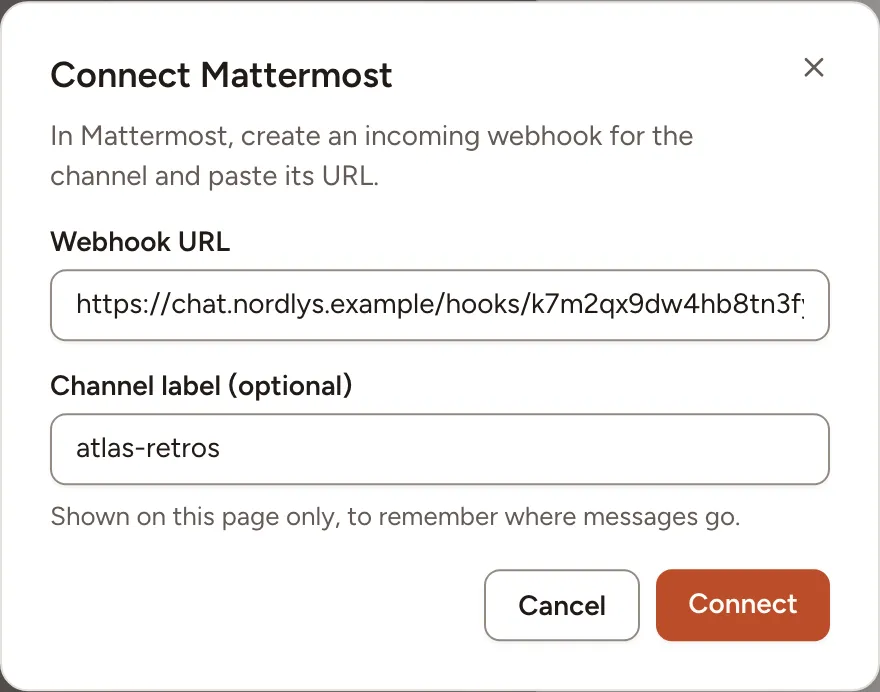 The Connect Mattermost dialog with the address of an incoming webhook and a channel label