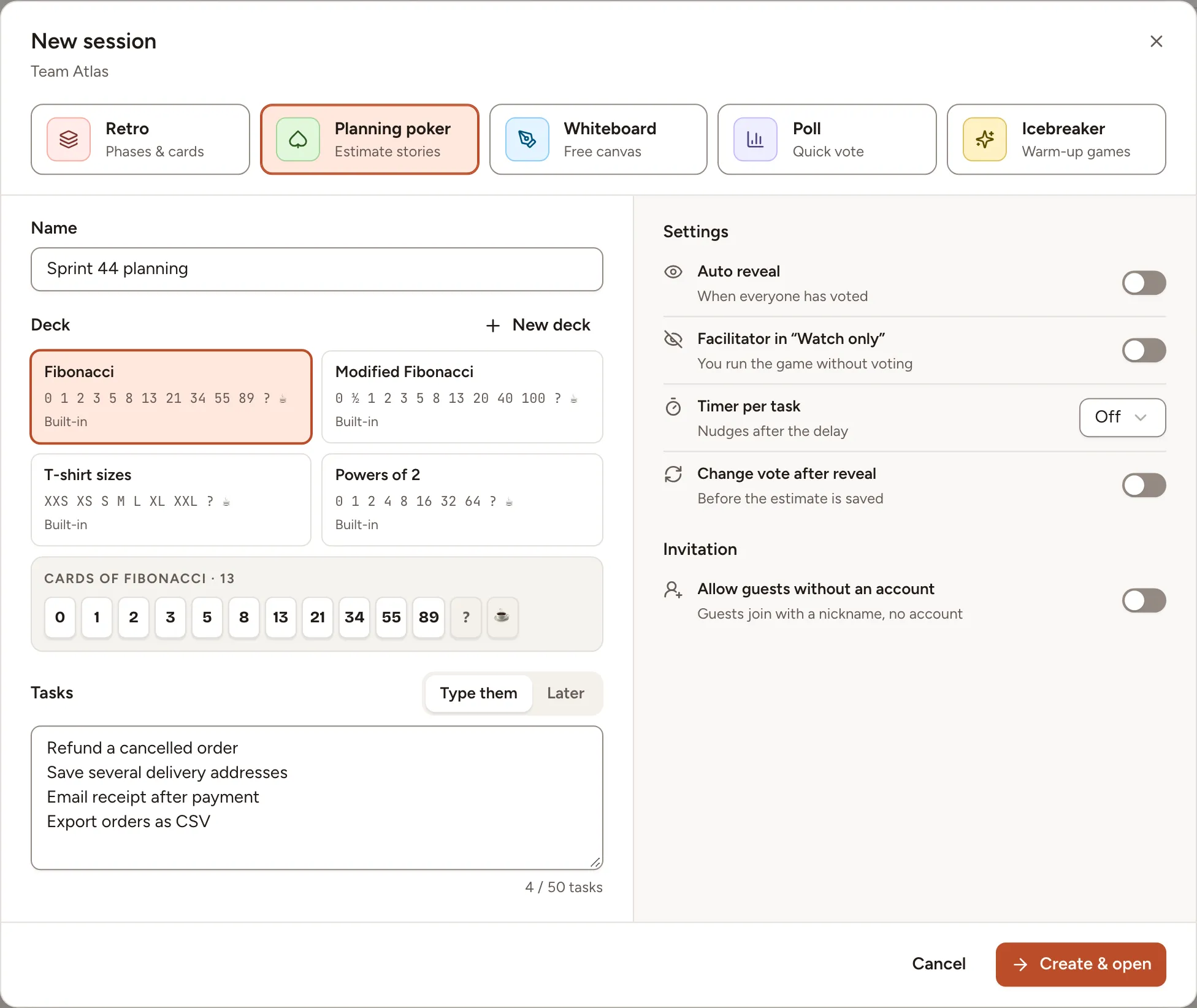 The new session dialog on Planning poker, with a name, the Fibonacci deck and four tasks typed