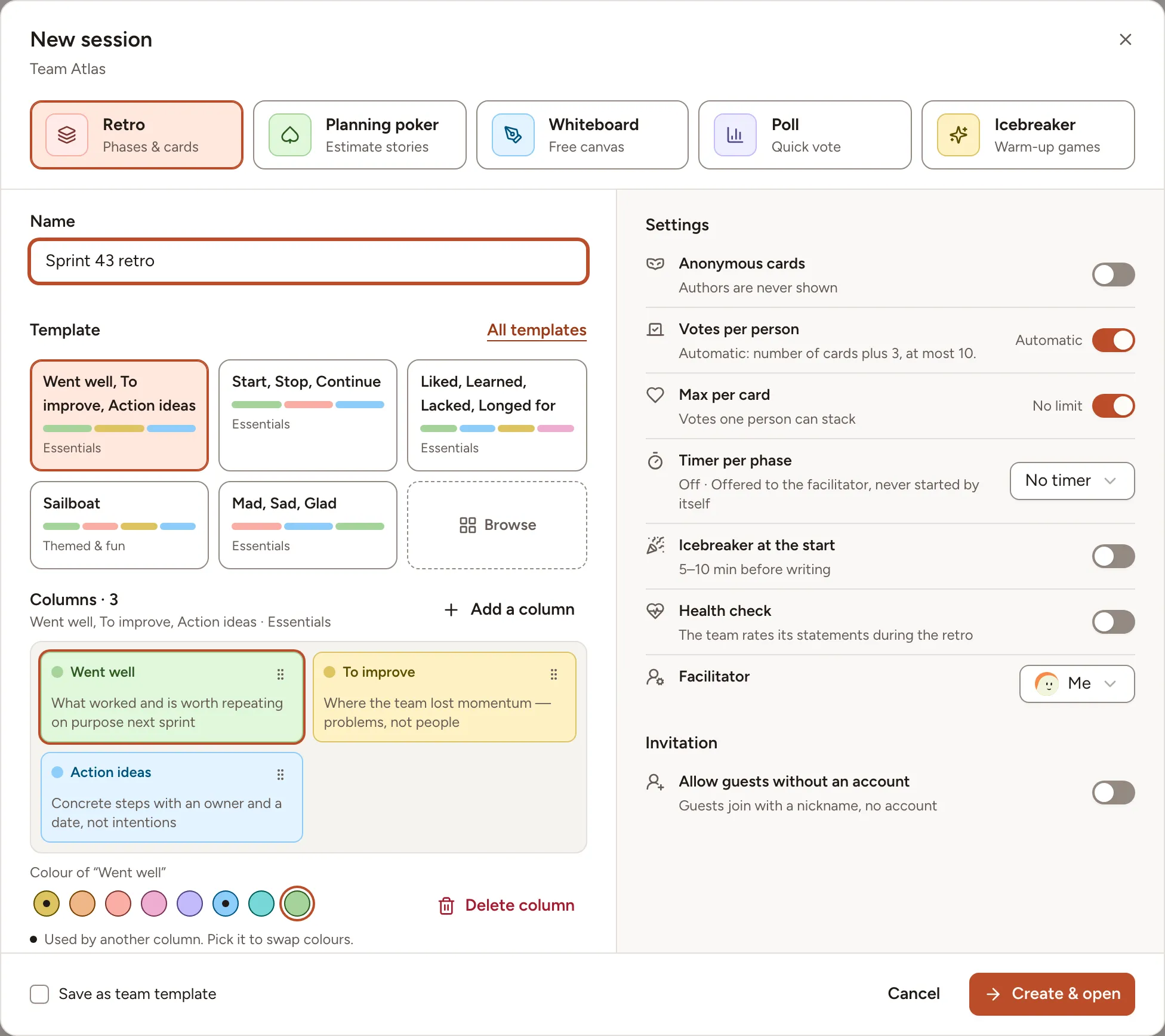 The New session dialog on the Retro type, with the name, the template and the settings