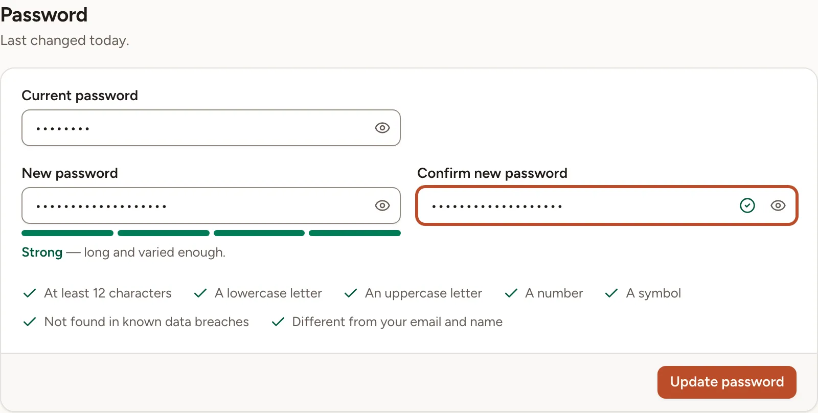 The Password card with a new password typed, the strength meter and the rules, all met