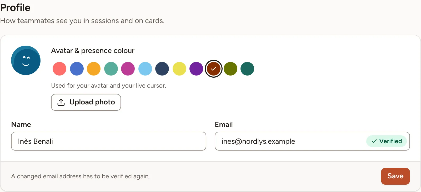 The Profile card with the avatar, the twelve presence colours, the Upload photo button and the name and email fields