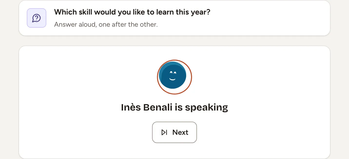 A round of Quick question as the host sees it: the question, the player who is speaking and the Next button