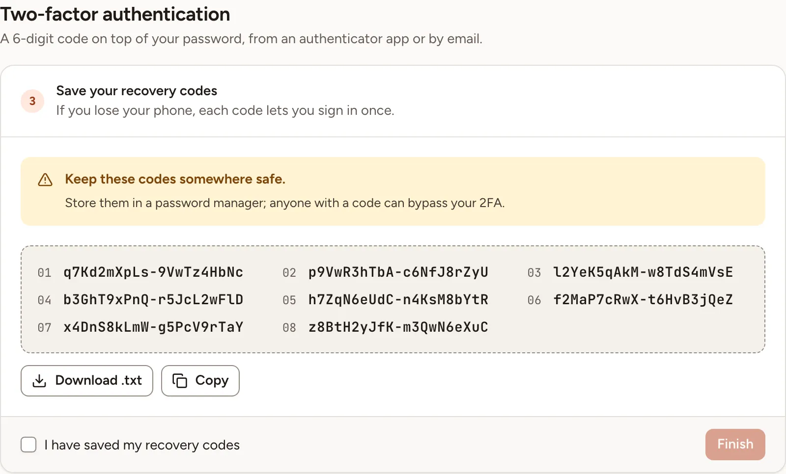 The Save your recovery codes step with eight codes, the Download .txt and Copy buttons and the confirmation checkbox