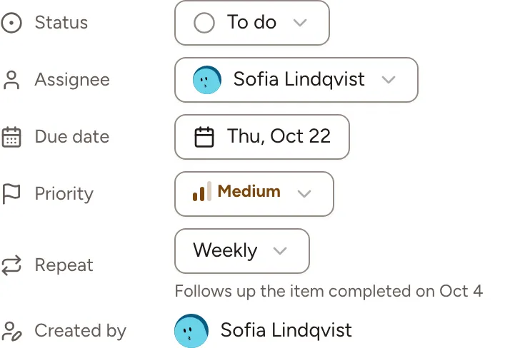 The fields of an item created by a weekly repeat: its due date one week later, and the line saying which item it follows