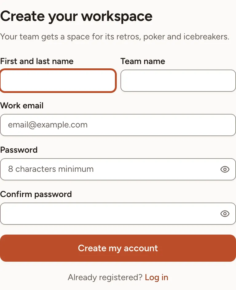 The registration form, titled Create your workspace, with the name, team name, work email and password fields